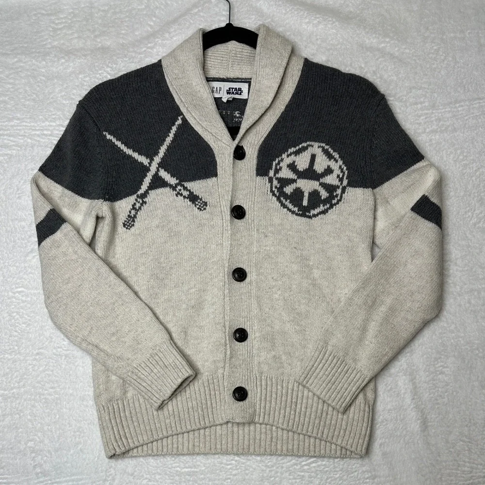 Gap Star Wars Cardigan Boys Medium Grey Cream Darth Vader Shawl Collar Sweater
